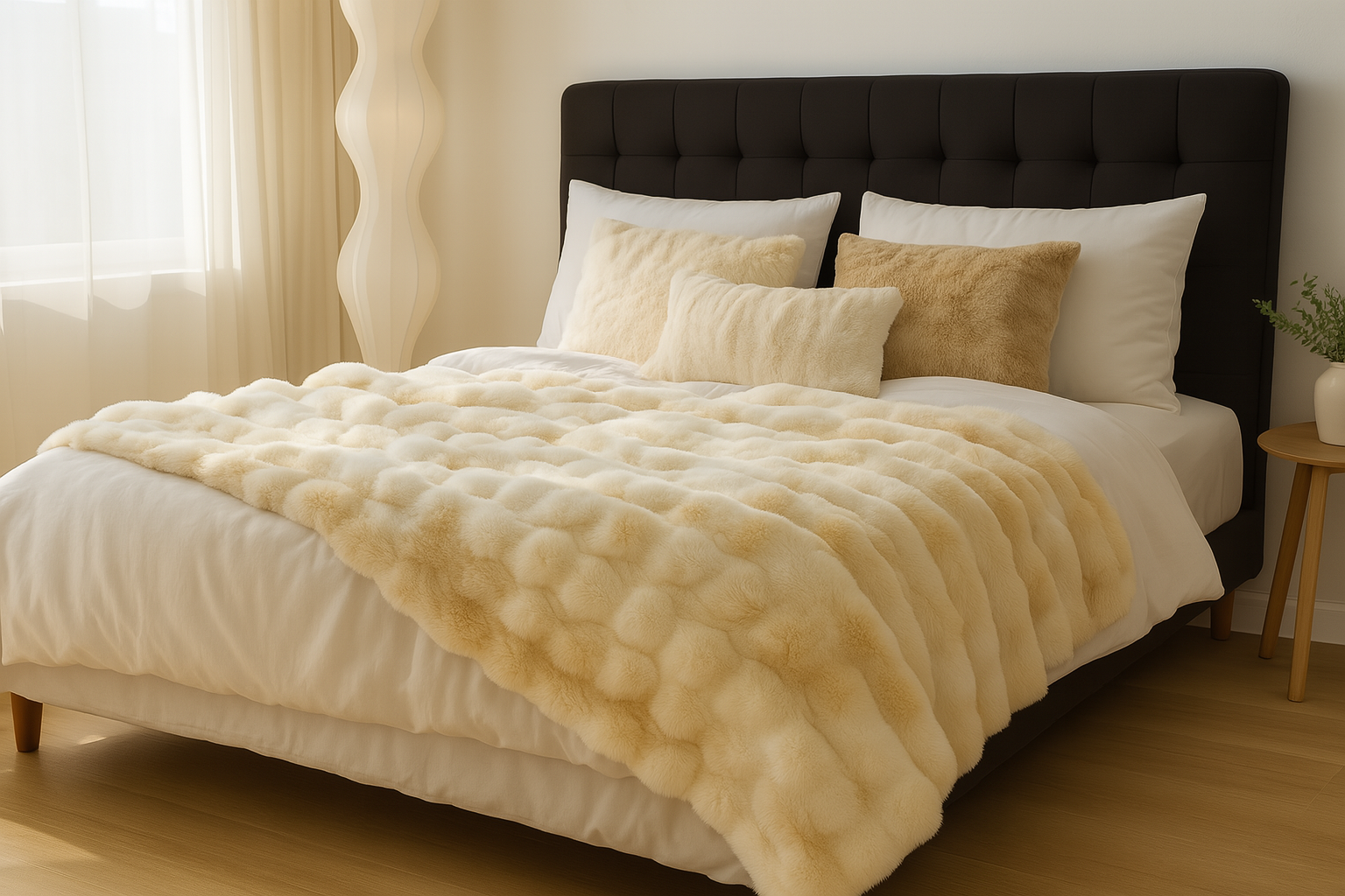 Beige Pebbles Faux Fur Throw Blanket. 150cm x 200cm