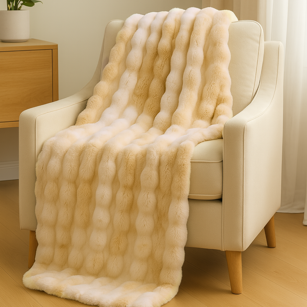 Beige Pebbles Faux Fur Throw Blanket. 150cm x 200cm